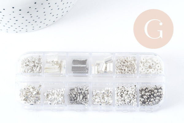 Boite Kit mix de 12 types de fournitures et perles zamac laiton Argent Platine, x1 (G8844)