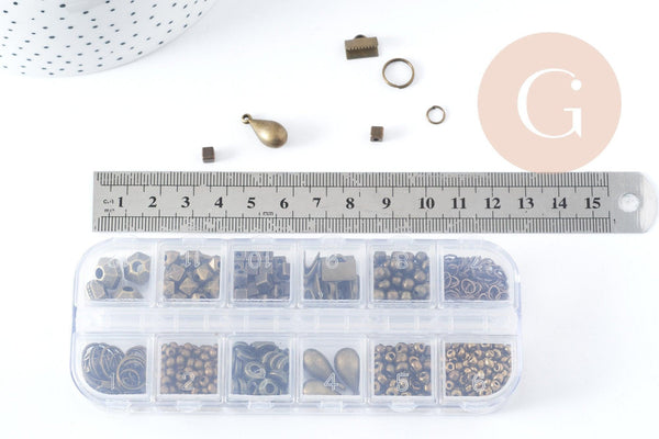 Boite Kit mix de 12 types de fournitures et perles zamac laiton Bronze, x1 (G8845)