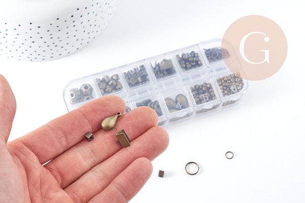 Boite Kit mix de 12 types de fournitures et perles zamac laiton Bronze, x1 (G8845)