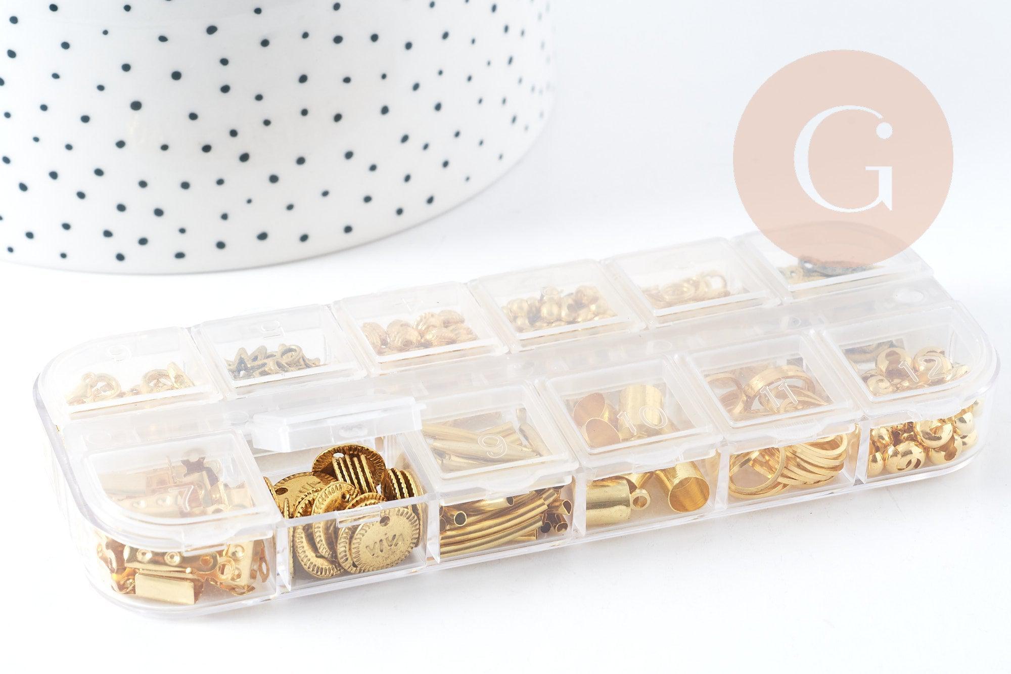 Boite Kit mix de 12 types de fournitures et perles zamac laiton doré, x1 (G8843)