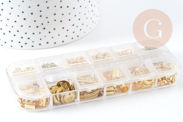Boite Kit mix de 12 types de fournitures et perles zamac laiton doré, x1 (G8843)