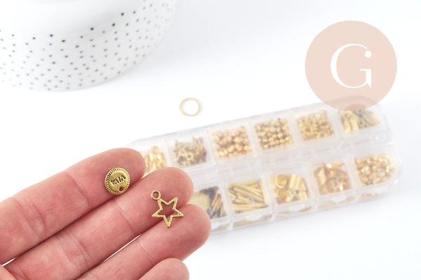 Boite Kit mix de 12 types de fournitures et perles zamac laiton doré, x1 (G8843)