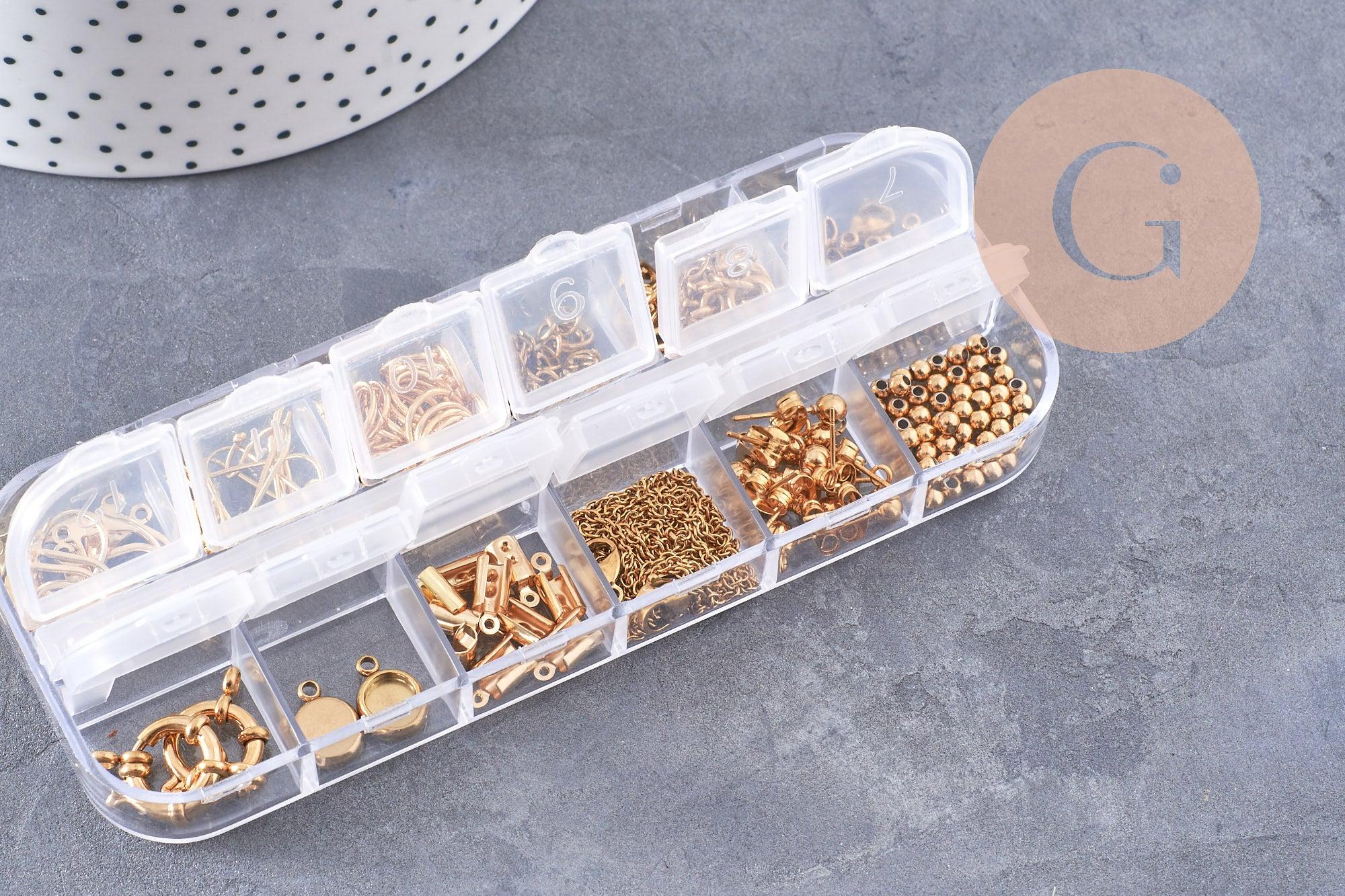 Boite Kit mix de 12 types de fournitures pour bijoux en acier inoxdable doré ou platine, x1 (G10142/G10143)