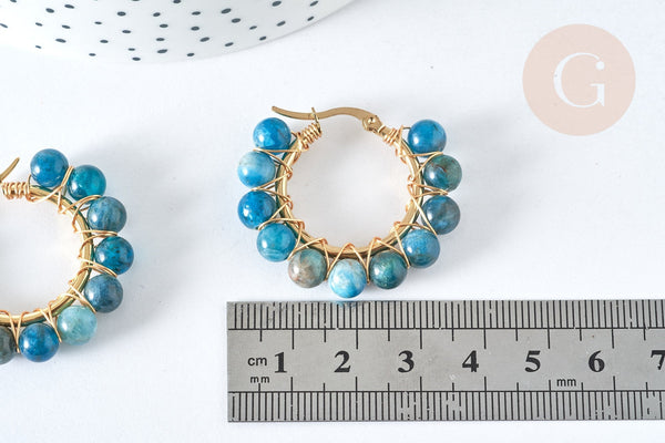 Boucles Créoles Apatite naturelle ronde acier doré 32.5~33.5mm, la paire (G7576)