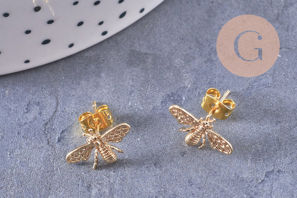 Boucles abeille doré laiton 18k tige argent 925 14mm, la paire (G2500)