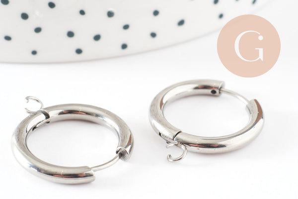 Boucles créole avec anneau dormeuse acier 201 inoxydable platine 25mm, x2 (G9320)