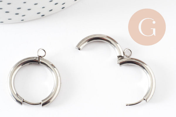 Boucles créole avec anneau dormeuse acier 201 inoxydable platine 25mm, x2 (G9320)