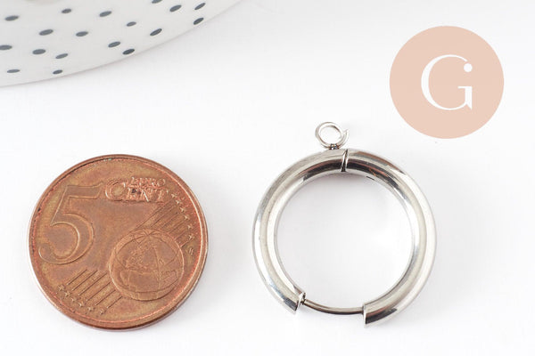 Boucles créole avec anneau dormeuse acier 201 inoxydable platine 25mm, x2 (G9320)