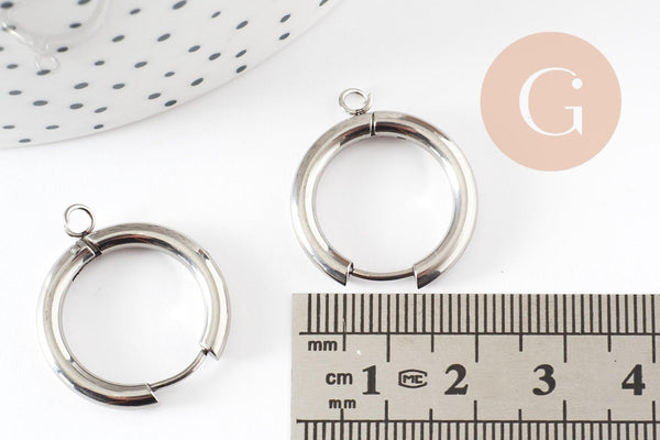 Boucles créole avec anneau dormeuse acier 201 inoxydable platine 25mm, x2 (G9320)