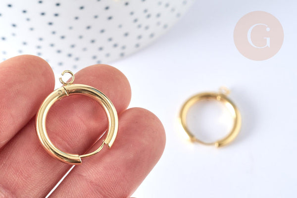 Boucles créole avec anneau dormeuse acier inoxydable doré 25mm, la paire (G7313)