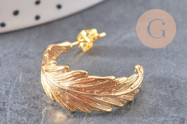 Boucles créoles feuille laiton doré 18k 24mm, la paire (G0916)
