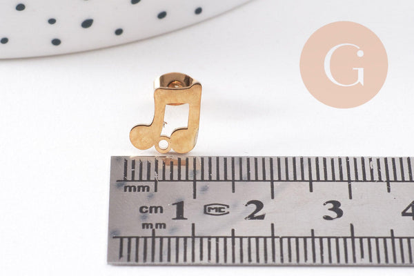 Boucles d'oreille puce pin's note de musique acier 304 inoxydable doré 9mm, la paire (G10253)