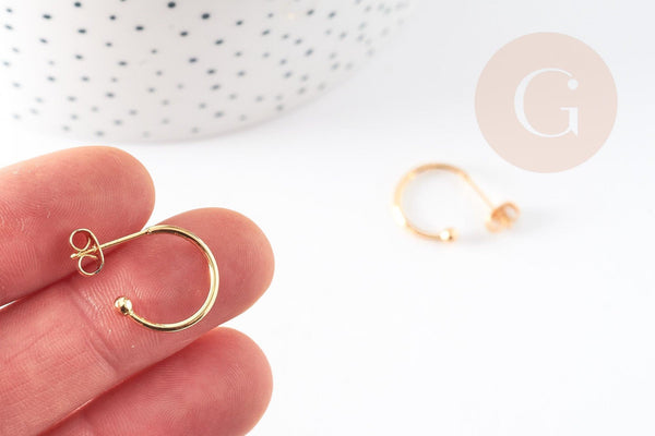 Boucles d'oreilles Anneau demi-créole puce doré 18k tige argent 925 20mm, x2 (G3583)