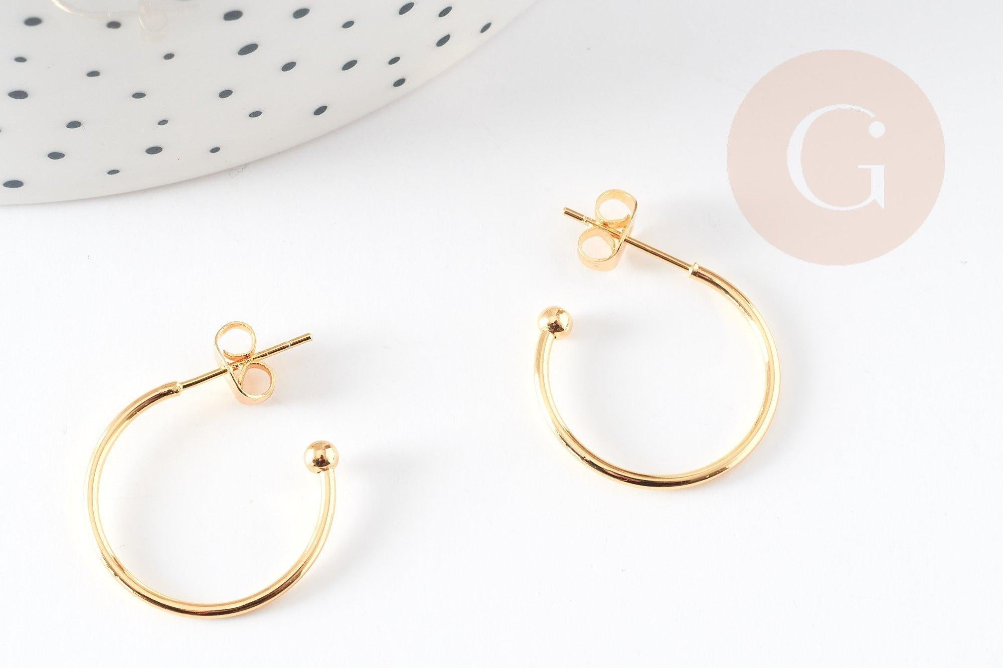 Boucles d'oreilles Anneau demi-créole puce doré 18k tige argent 925 23mm, x2 (G3582)