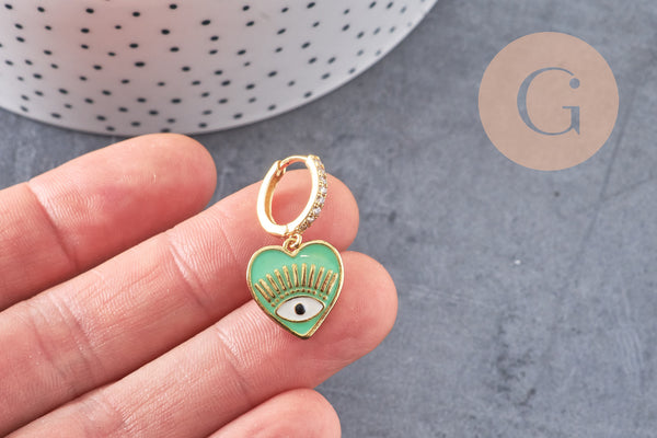 Boucles d'oreilles coeur oeil protecteur émail coloré laiton doré, la paire (G3775)