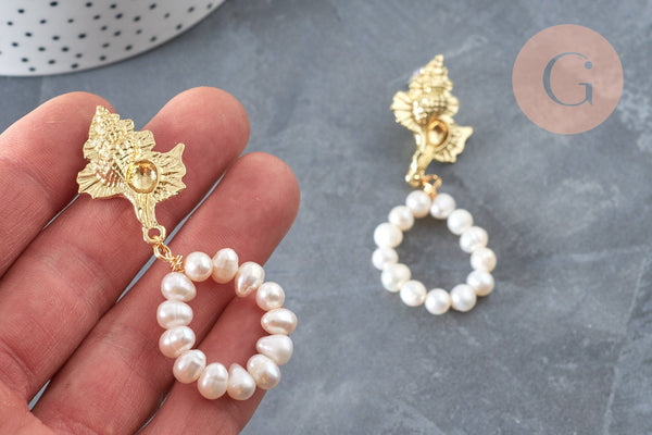 Boucles d'oreilles perles eau douce support coquillage laiton doré 45mm, la paire (G3206)