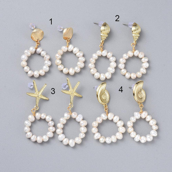 Boucles d'oreilles perles eau douce support coquillage laiton doré 45mm, la paire (G3206)