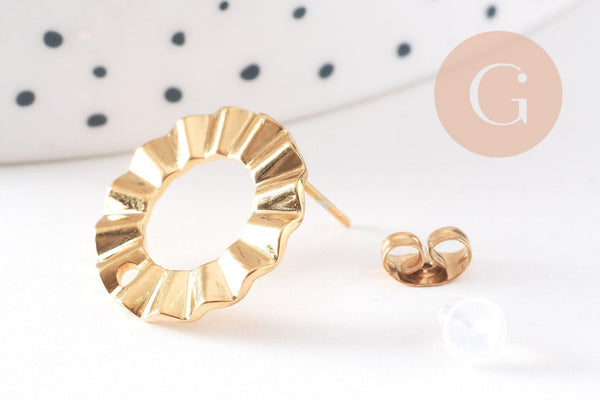 Boucles d'oreilles puce disque texturé acier 304 inoxydable doré IP 18K 18mm, la paire (G10477)