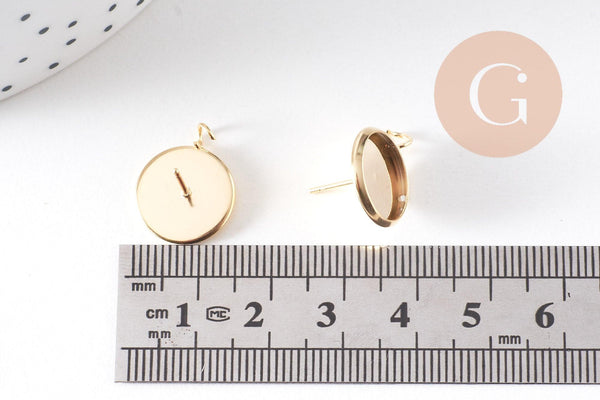 Boucles puce support cabochon rond 12mm avec anneau acier 304 inoxydable doré, x2 (G10510)