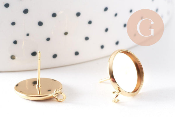 Boucles puce support cabochon rond 12mm avec anneau acier 304 inoxydable doré, x2 (G10510)