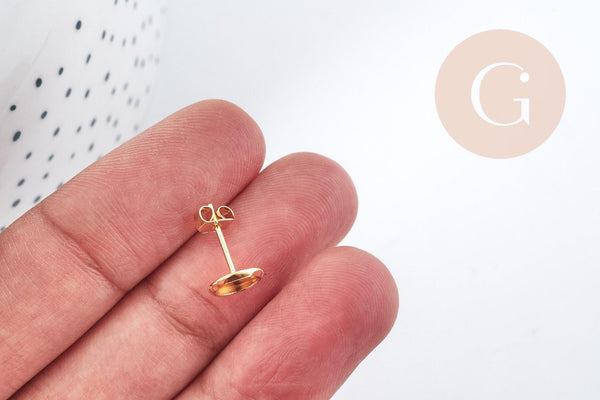 Boucles puce support cabochon rond 6mm laiton doré 16K, la paire (G8922)