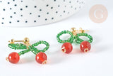 Boucles puces cerise agate rouge perles rocaille acier 304 doré 33mm, la paire (G7477)