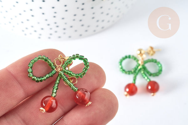 Boucles puces cerise agate rouge perles rocaille acier 304 doré 33mm, la paire (G7477)