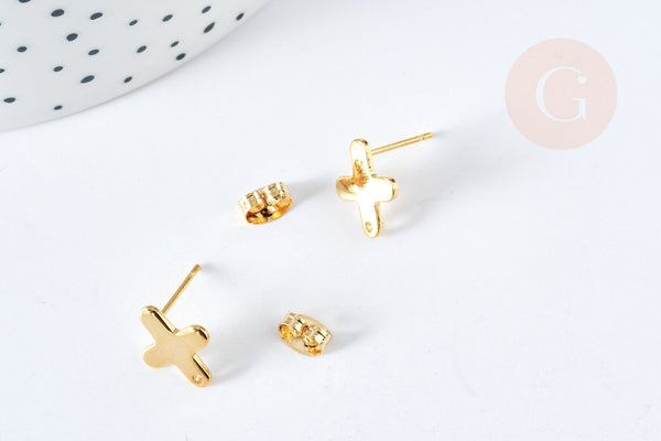 Boucles puces croix acier 201 dorées 12mm, la paire (G8477)