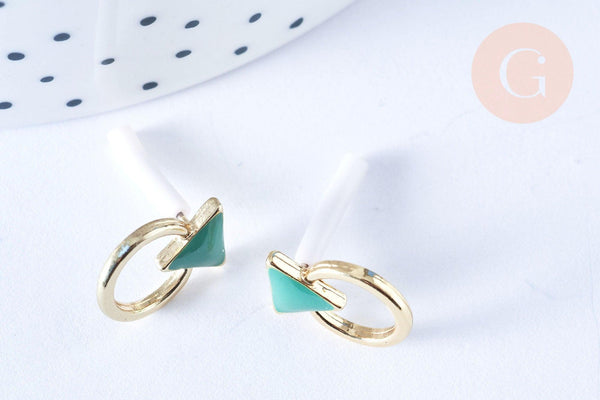 Boucles puces zamac doré triangle émail vert 13.5mm, la paire (G5336)