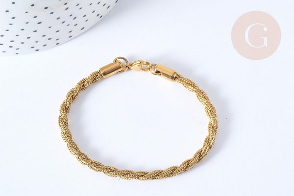 Bracelet Chaines torsadées acier 304 inoxydable doré 17.8cm, x1 (G7791)