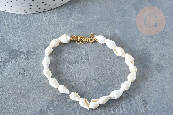 Bracelet Coquillages naturels blancs laiton doré 19.5cm x1 (G7803)
