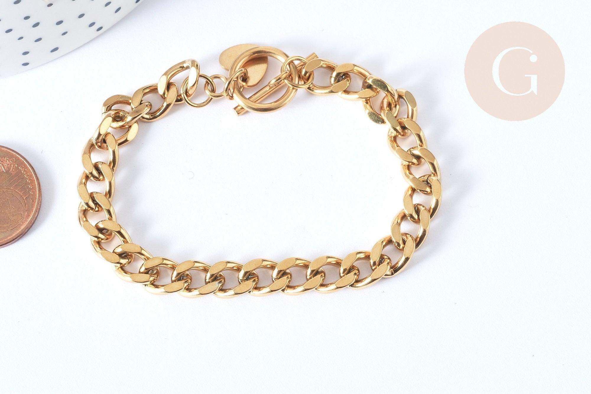 Bracelet Gourmette XXL acier 304 inoxydable doré IP fermoir T 19cm, x1 (G7790)