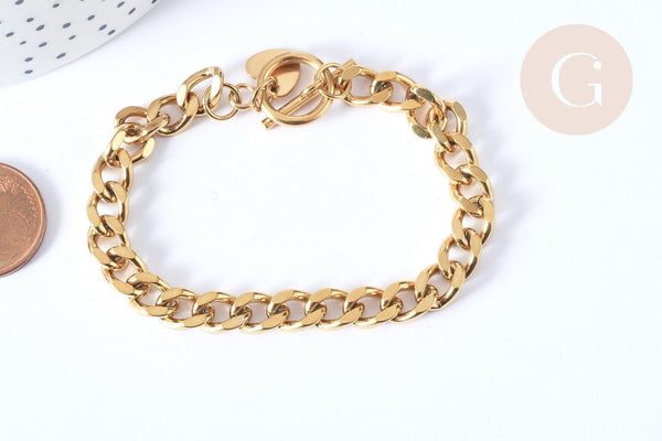 Bracelet Gourmette XXL acier 304 inoxydable doré IP fermoir T 19cm, x1 (G7790)