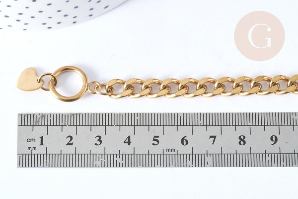 Bracelet Gourmette XXL acier 304 inoxydable doré IP fermoir T 19cm, x1 (G7790)