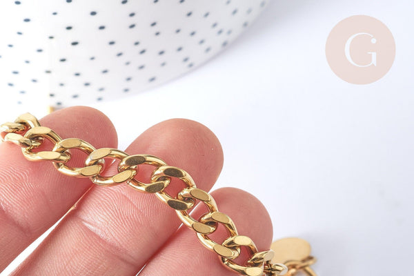 Bracelet Gourmette XXL acier 304 inoxydable doré IP fermoir T 19cm, x1 (G7790)