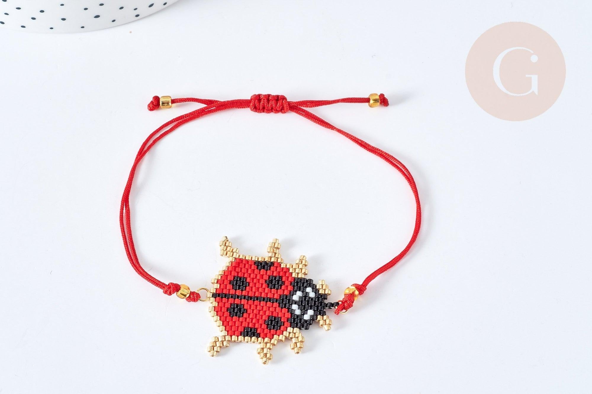 Bracelet Réglable coccinelle 28cm cordon rouge nylon perles rocailles tissées , bijou chance à offrir, bracelet amitié, x1 (G7685)