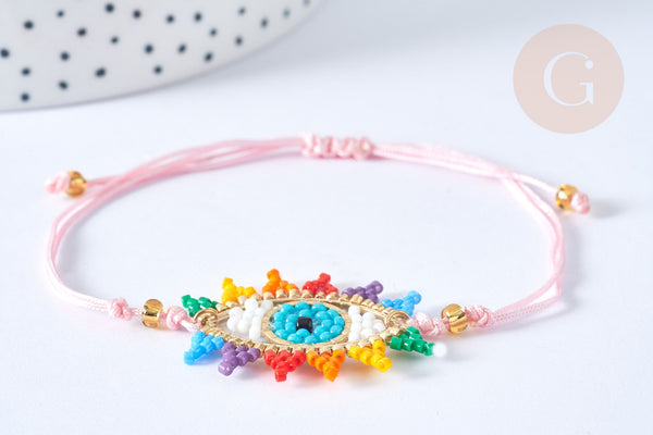 Bracelet Réglable cordon nylon perles de rocailles tissées mauvais œil coloré 28cm, bijou chance à offrir, bracelet amitié, x1 (G7945)