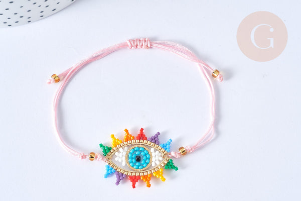Bracelet Réglable cordon nylon perles de rocailles tissées mauvais œil coloré 28cm, bijou chance à offrir, bracelet amitié, x1 (G7945)