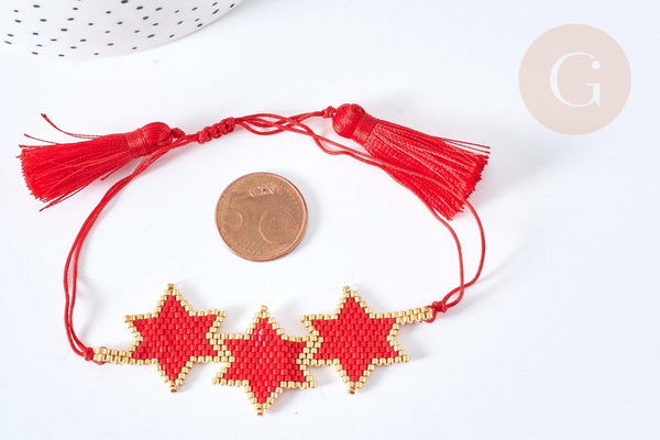 Bracelet Réglable étoiles 28cm cordon rouge nylon perles rocailles tissées , bijou chance à offrir, bracelet amitié, x1 (G7686)