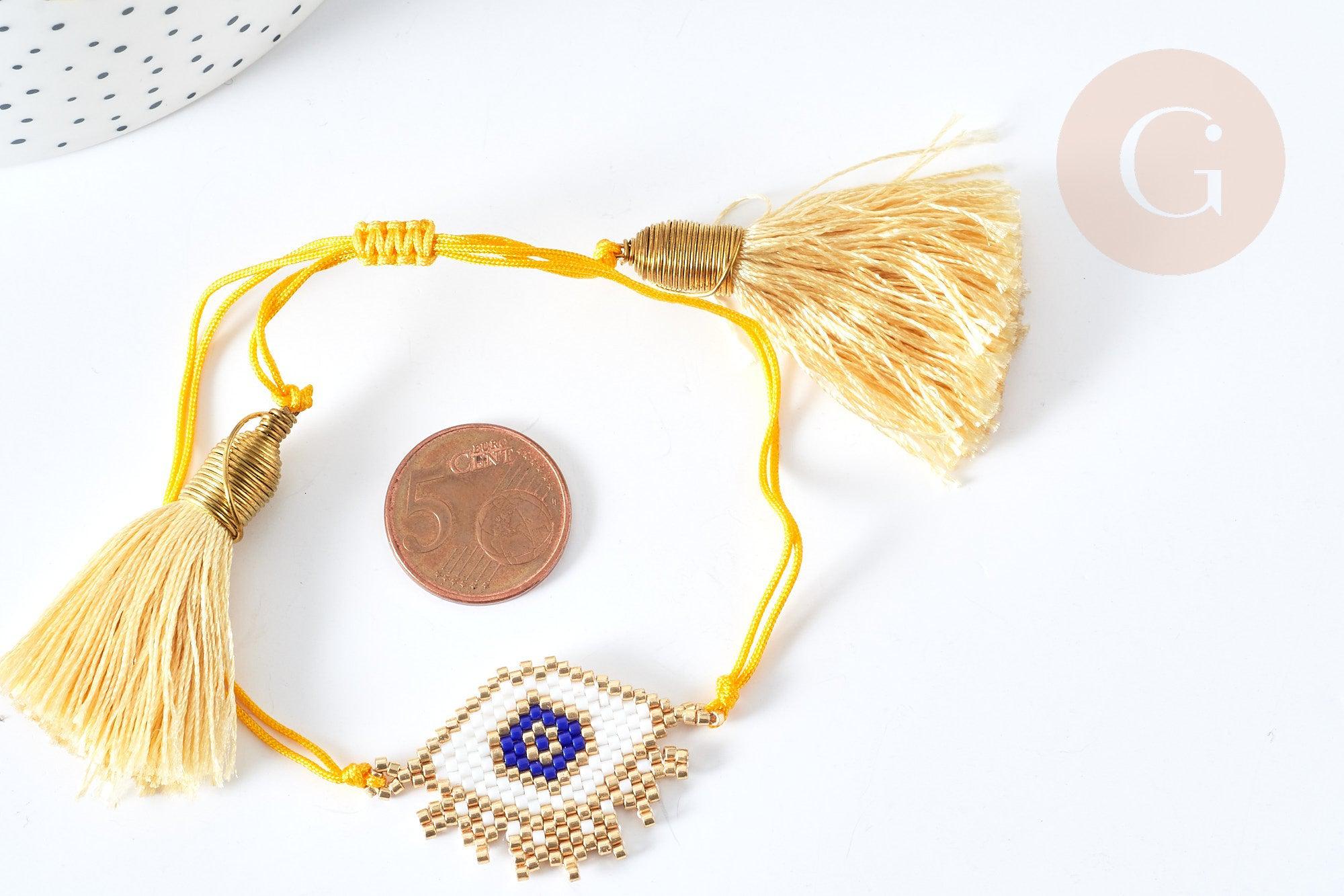 Bracelet Réglable losange mauvais œil jaune et or 28cm cordon nylon perles rocailles tissées, x1 (G7680)