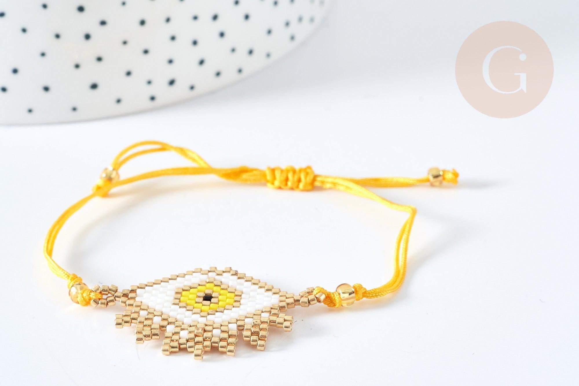 Bracelet Réglable losange mauvais œil jaune et or cordon nylon perles rocailles tissées 28cm, x1 (G7683)