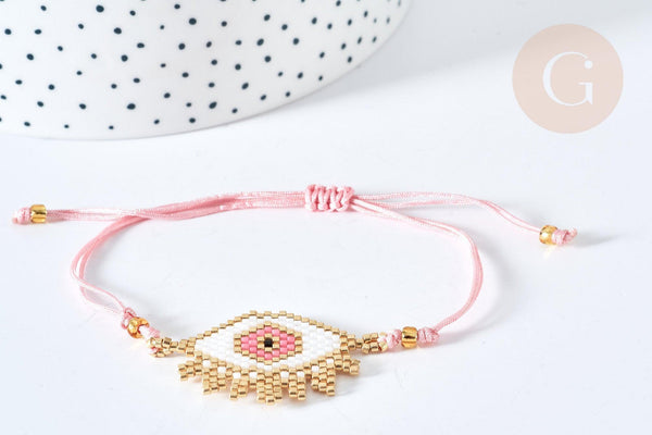 Bracelet Réglable losange mauvais œil rose or 28cm cordon nylon perles rocailles tissées , x1 (G7691)