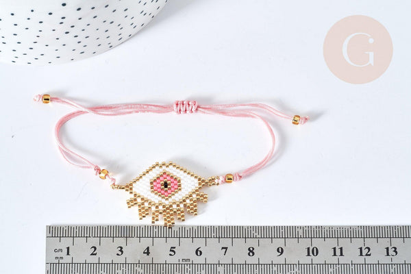 Bracelet Réglable losange mauvais œil rose or 28cm cordon nylon perles rocailles tissées , x1 (G7691)