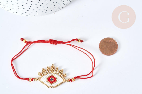Bracelet Réglable losange mauvais œil rouge or 28cm cordon nylon perles rocailles tissées , bijou chance à offrir, bracelet amitié, x1 (G7677)