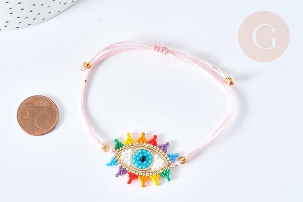 Bracelet Réglable mauvais œil multicolore 28cm cordon rose nylon perles rocailles tissées , x1 (G7689)