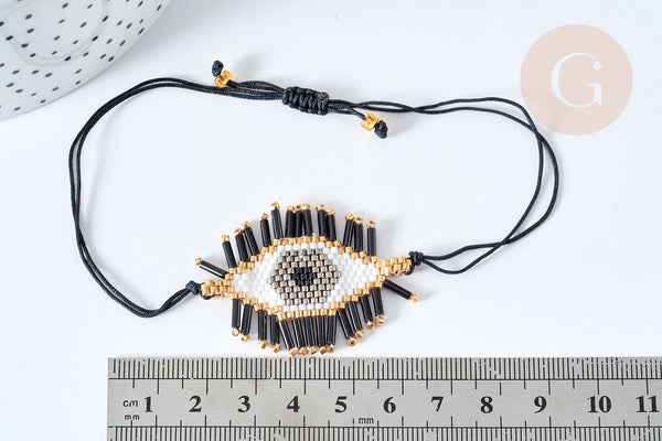 Bracelet Réglable mauvais œil noir et or 28cm cordon nylon perles rocailles tissées , bijou chance à offrir, bracelet amitié, x1 (G7634)