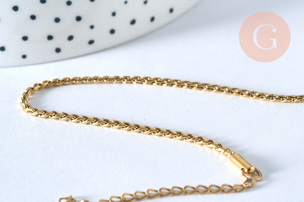 Bracelet acier 304 inoxydable doré 14k chaine torsadée 1.5-2mm/19.5cm, x1 (G5358)