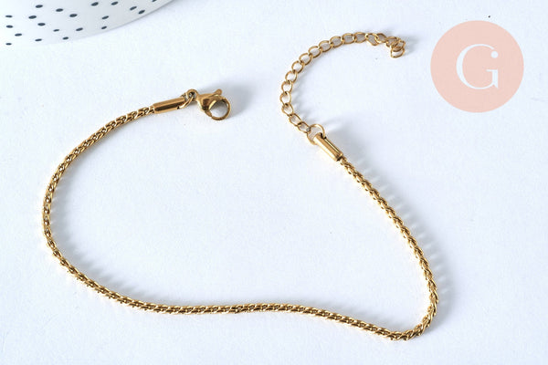 Bracelet acier 304 inoxydable doré 14k chaine torsadée 1.5-2mm/19.5cm, x1 (G5358)