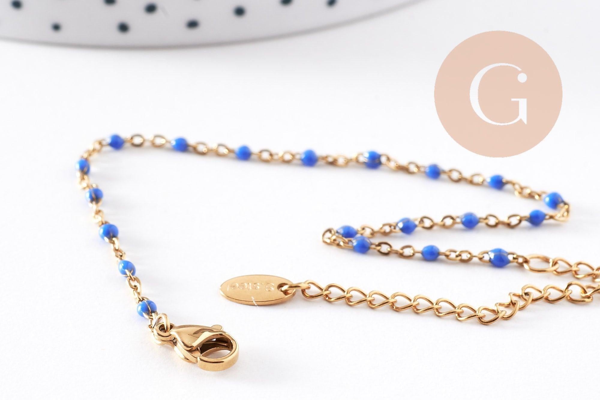 Bracelet acier 304 inoxydable doré 14k résine bleu marine 1.5mm-20.5cm, x1 (G10209)