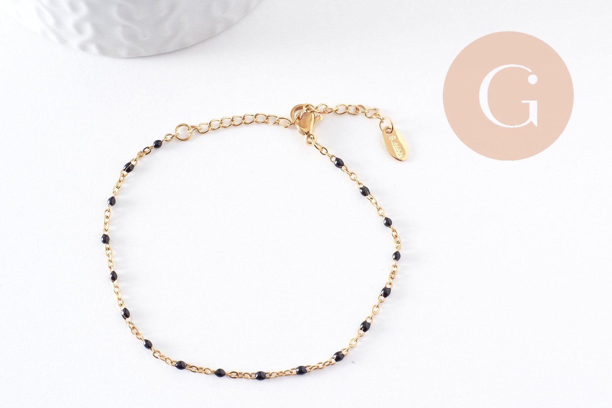 Bracelet acier 304 inoxydable doré 14k résine noire 1.5mm-20.5cm, x1 (G3382)